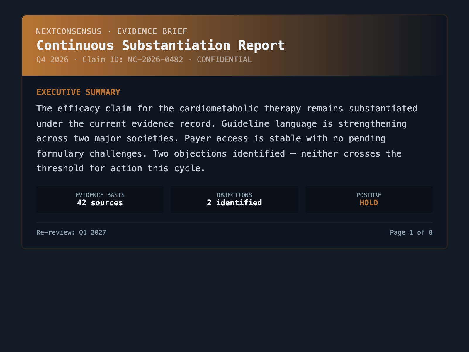 NextConsensus brief rendered as a PDF document page with executive summary and evidence dimensions